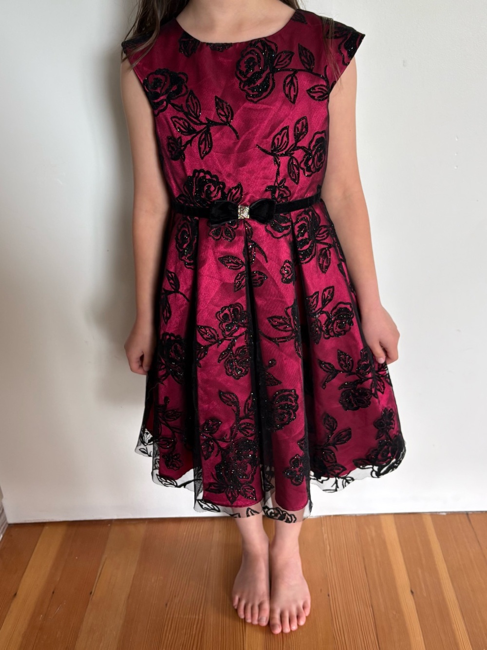 Jona Michelle Burgundy Dress with Black Floral Velvet Overlay